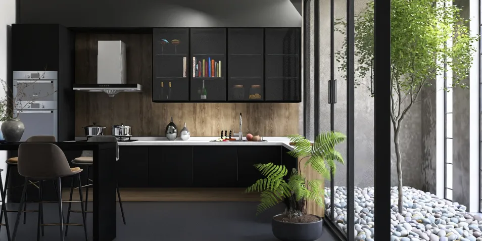 modern kitchen design showcasing a sleek layout with black cabinetry and wooden accents, emphasizing an elegant blending of indoor and outdoor spaces, featuring Homestyler's real-time 3D rendering functionality.