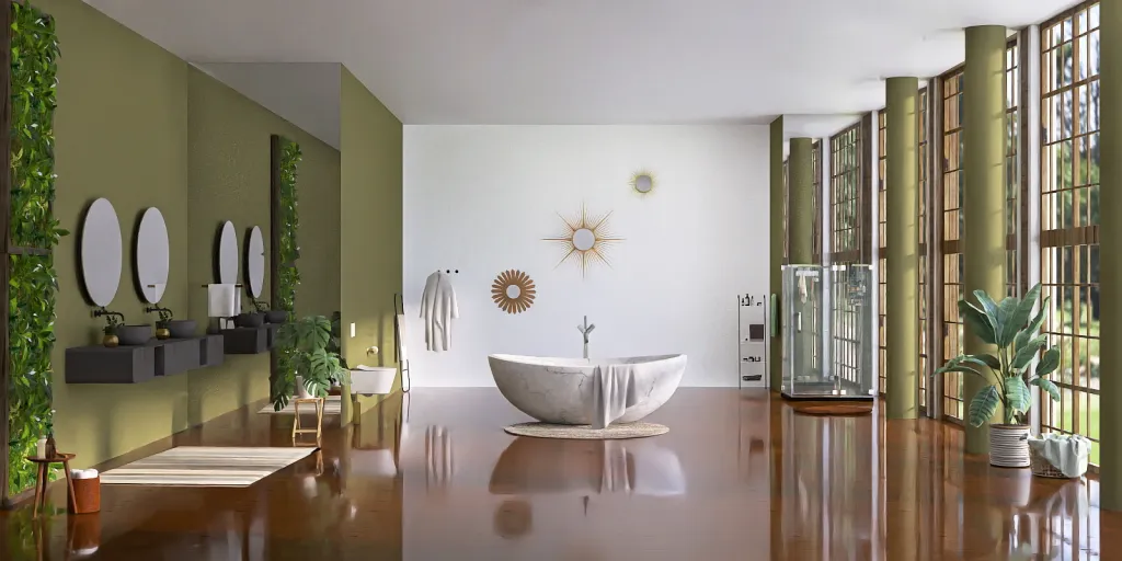 a bathroom with a large tub and a large mirror 