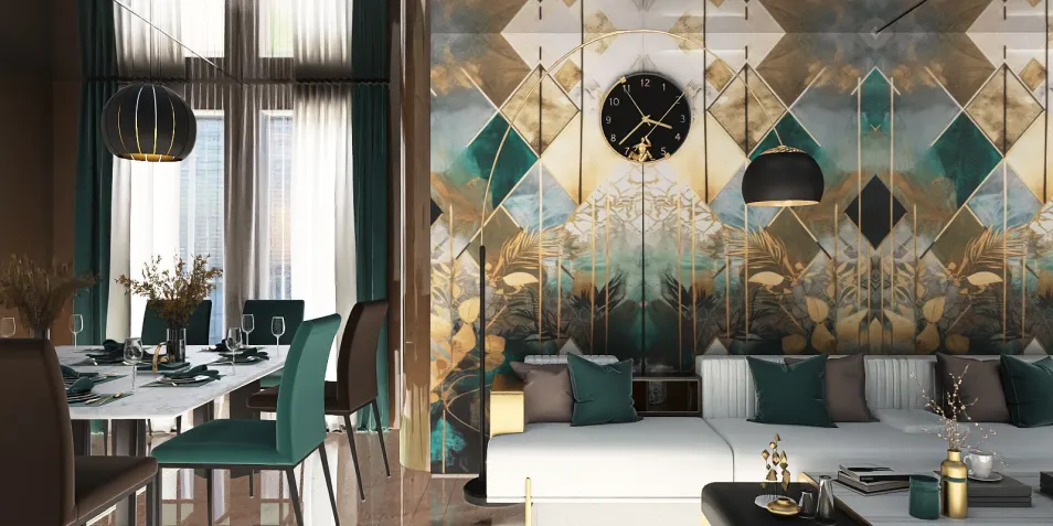 modern living room with geometric wall design and elegant dining area featuring smart furniture arrangement in a sophisticated style, showcasing Homestyler's real-time 3D rendering for enhanced design visualization.