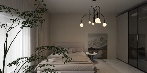 modern bedroom showcasing a stylish chandelier and minimalistic decor, featuring soft color tones for a calming ambiance, utilizing Homestyler's real-time 3D rendering for visualizing interior design.