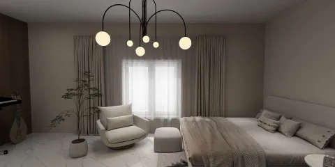 A modern bedroom featuring a stylish chandelier, soft beige curtains, and a cozy seating area, designed for optimal relaxation and comfort, showcasing Homestyler's real-time 3D rendering capabilities.