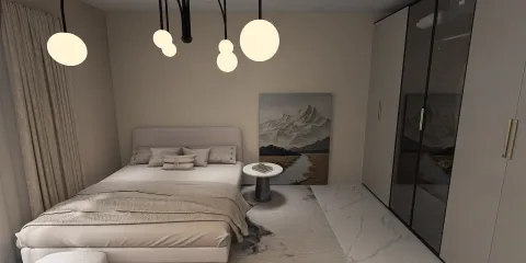 Modern bedroom design featuring a cozy bed with soft bedding, stylish light fixtures, and an elegant wardrobe, showcasing a contemporary aesthetic aimed at enhancing interior decor through Homestyler's real-time 3D rendering feature.