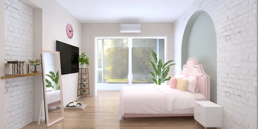 a bedroom with a large window and a large bed 