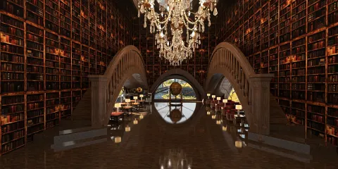 expansive library interior showcasing bookshelves and a grand chandelier, featuring a luxurious design aesthetic, highlighting Homestyler's real-time 3D rendering capabilities