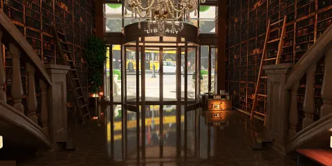 grand entrance with bookshelves and chandelier leading to a library, showcasing elegant interior decoration style, designed using Homestyler's real-time 3D rendering feature for effective presentation.