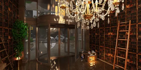 luxurious library entrance featuring an ornate chandelier, showcasing a stunning interior design with rich wooden shelves filled with books, enhanced by Homestyler's real-time 3D rendering for immersive space preview.