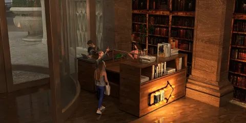 A cozy reading area featuring a wooden reception desk with bookshelves, designed for a library space using interior decor principles; showcasing Homestyler's real-time 3D rendering for immersive design previews.