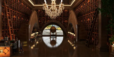 luxurious library interior with grand chandelier and wooden shelves, showcasing sophisticated design and ambiance, utilizing Homestyler's real-time 3D rendering feature for a detailed preview.