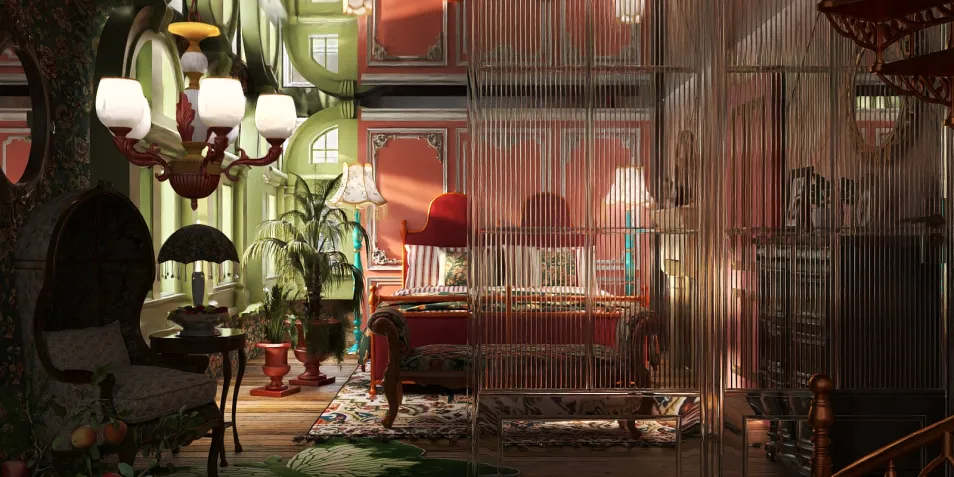 luxurious living room design showcasing intricate details with a rich color palette, featuring smart furniture arrangement to optimize small spaces, utilizing Homestyler's real-time 3D rendering for a spectacular preview.