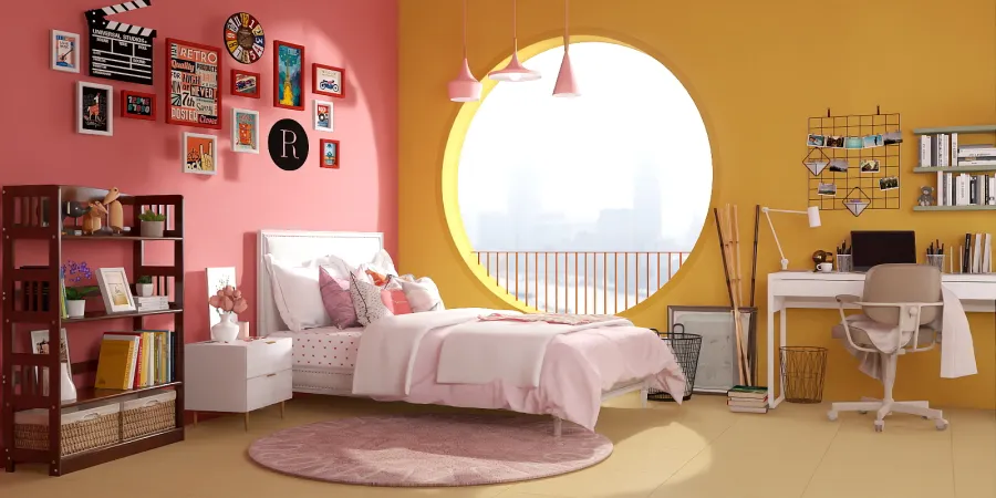 a bedroom with a large mirror and a bed 