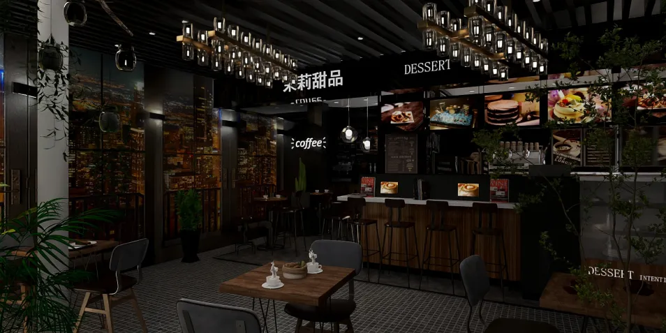 cozy cafe interior design featuring modern furniture layout with a sophisticated ambiance and inviting atmosphere, showcasing Homestyler's real-time 3D rendering capability for efficient design preview.