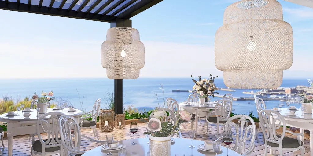 a dining room with a balcony overlooking the ocean 