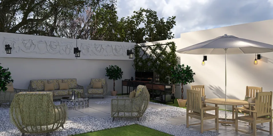 outdoor seating area with stylish chairs and a table in a landscaped garden showcasing a modern design style; includes features like AR virtual furniture placement for outdoor decor planning.
