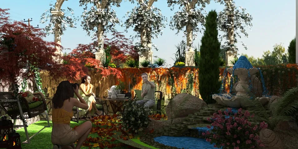 outdoor garden seating arrangement featuring a water feature and colorful foliage, creating a serene atmosphere for relaxation; utilizing Homestyler's real-time 3D rendering for design preview.