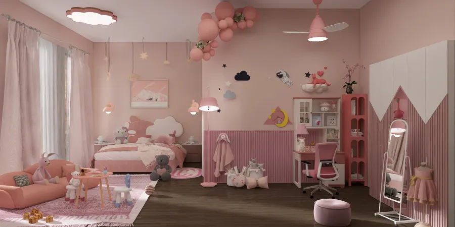 a bedroom with a pink bed and a pink dresser 