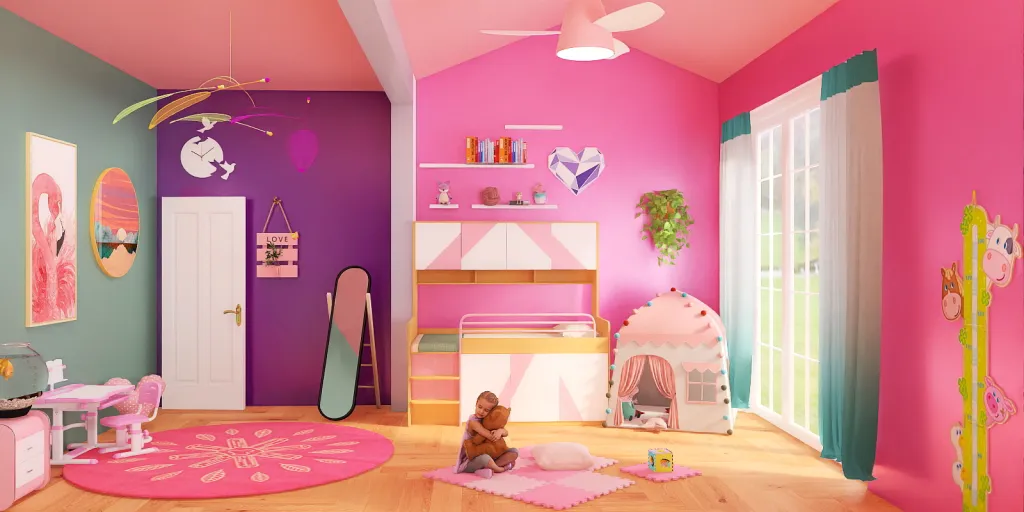 a bedroom with a pink wall and a pink floor 