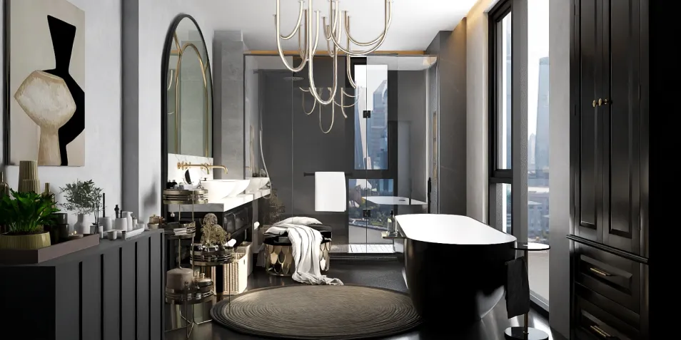 luxurious bathroom interior design featuring a sleek black bathtub and elegant chandelier, showcasing modern aesthetics and a city view, enhanced with Homestyler's real-time 3D rendering feature.