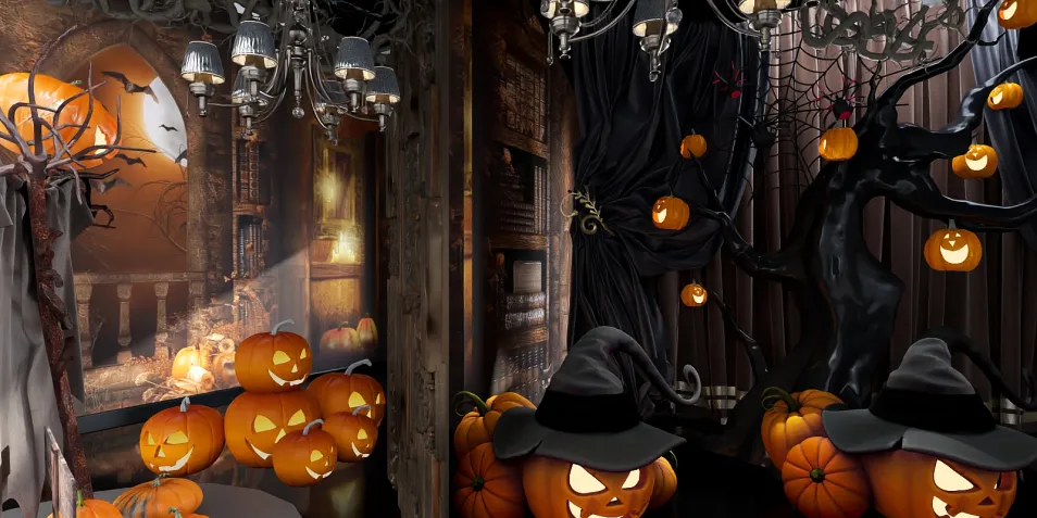 Halloween-themed interior with spooky decorations and pumpkins, showcasing creative design ideas for a festive atmosphere using Homestyler's real-time 3D rendering feature.