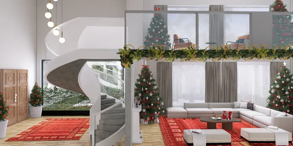 a living room with a large christmas tree in the corner 