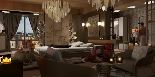 luxurious bedroom interior design featuring intimate lighting and modern furniture layout, showcasing the use of Homestyler's real-time 3D rendering for design proposal presentation.