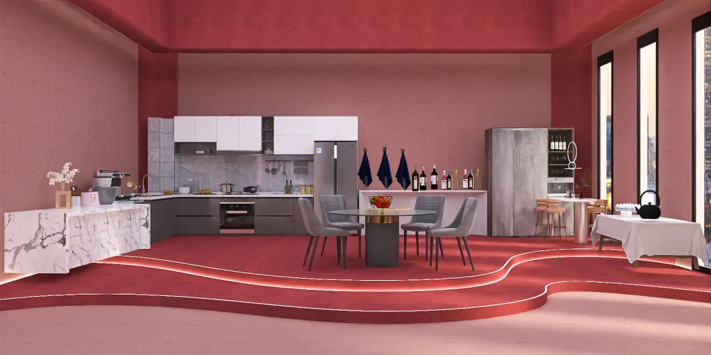 a kitchen with a red carpet and a red rug 