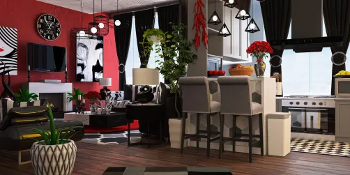 Living room and Kitchen 🖤🩶❤️