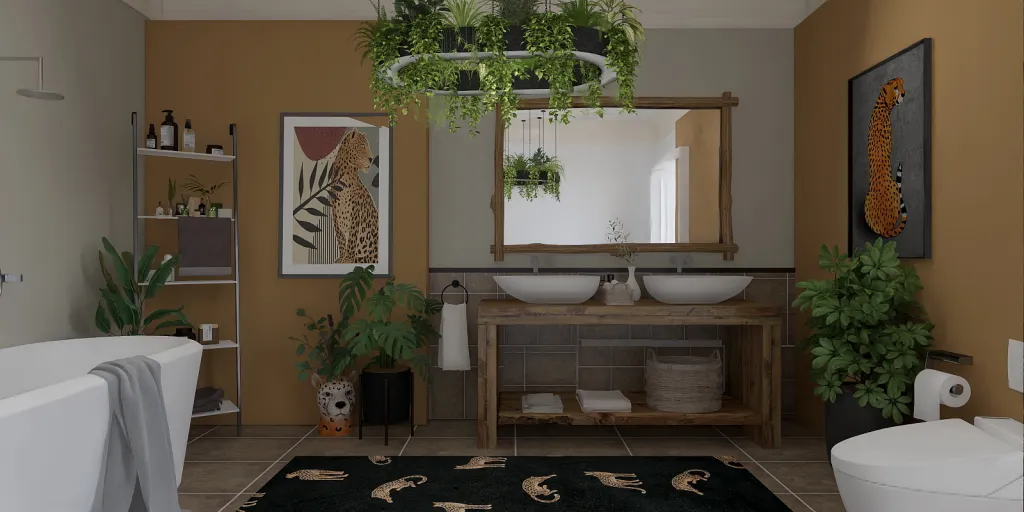a bathroom with a large mirror and a rug 
