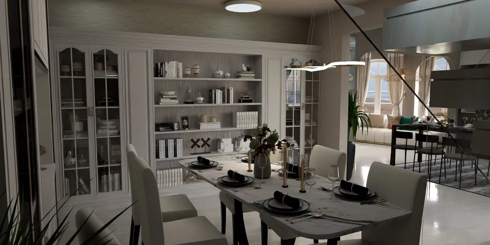 dining room with elegant table setting showcasing modern furniture arrangement, minimalistic style, optimizing space for small apartments using Homestyler's smart furniture layout feature.
