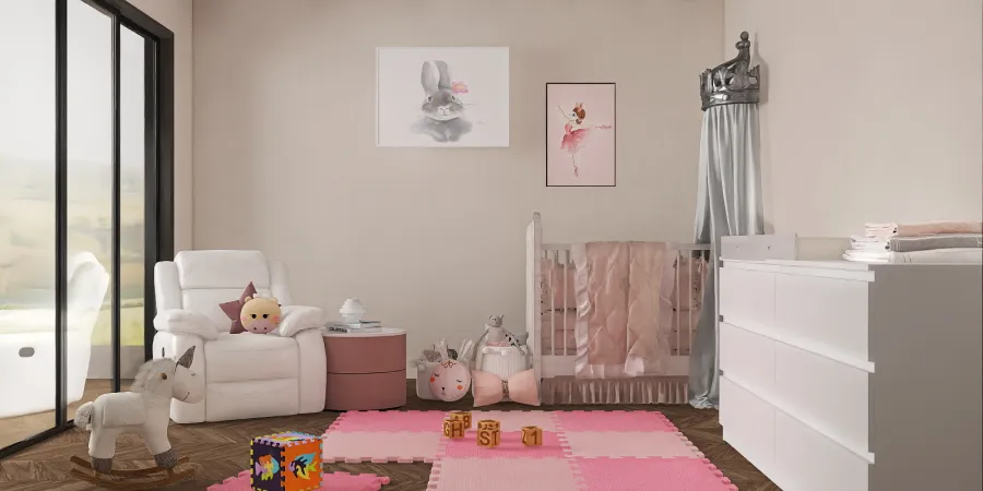 a small room with a doll and a dresser 