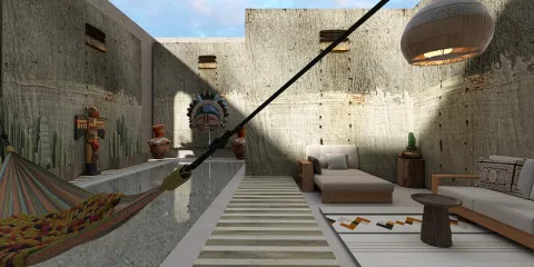 cozy living area featuring a hammock and natural decor styled with earthy tones, showcasing interior design with Homestyler's real-time 3D rendering for enhanced visualization.