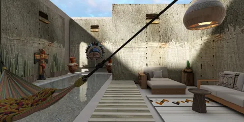 A cozy living space featuring a hammock, wooden furniture, and decorative elements, showcasing a modern rustic style; ideal for interior decor inspiration with Homestyler's real-time 3D rendering capability.