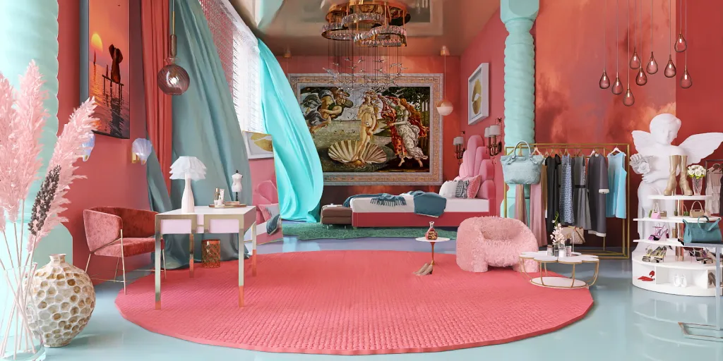 a living room with a red carpet and a red carpet 