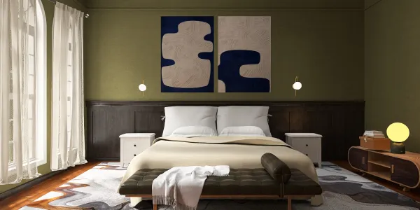 Modern bedroom featuring a cozy layout with a touch of elegance, showcasing a mixture of contemporary and minimalist design elements. This interior design includes a stylish bed, accent artwork, and a unique rug, utilizing Homestyler's 3D rendering capabilities for a realistic visualization.