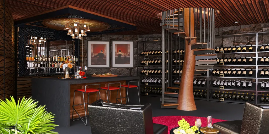 a bar with a wine cellar and a wine rack 