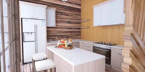 Modern kitchen island design featuring a spacious layout with a focus on natural wood elements, utilizing Homestyler's real-time 3D rendering for a realistic preview of the interior decor in a cozy space.