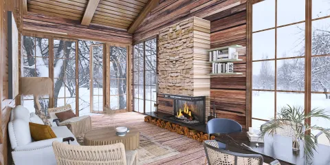Cozy living room design featuring a stone fireplace and large windows, showcasing a rustic style, perfect for a warm winter retreat with the use of Homestyler's real-time 3D rendering feature.