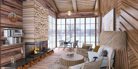 cozy living room featuring a rustic fireplace with wooden accents, showcasing a warm, natural style that enhances the space value for interior decor; utilizing Homestyler's real-time 3D rendering for design preview.