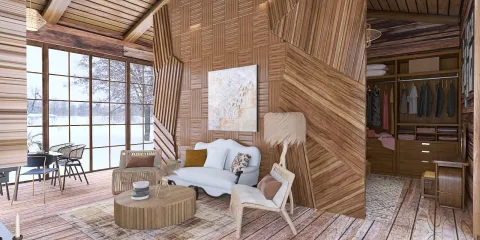 cozy wooden living room showcasing a modern rustic design with a focus on natural materials and warm colors, featuring AR virtual furniture placement for enhanced interior decor options