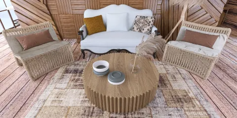 cozy seating arrangement with a white sofa and two rattan chairs, featuring a round wooden coffee table, designed in a bohemian style, showcasing interior decor that enhances living room space efficiency using Homestyler's real-time 3D rendering.