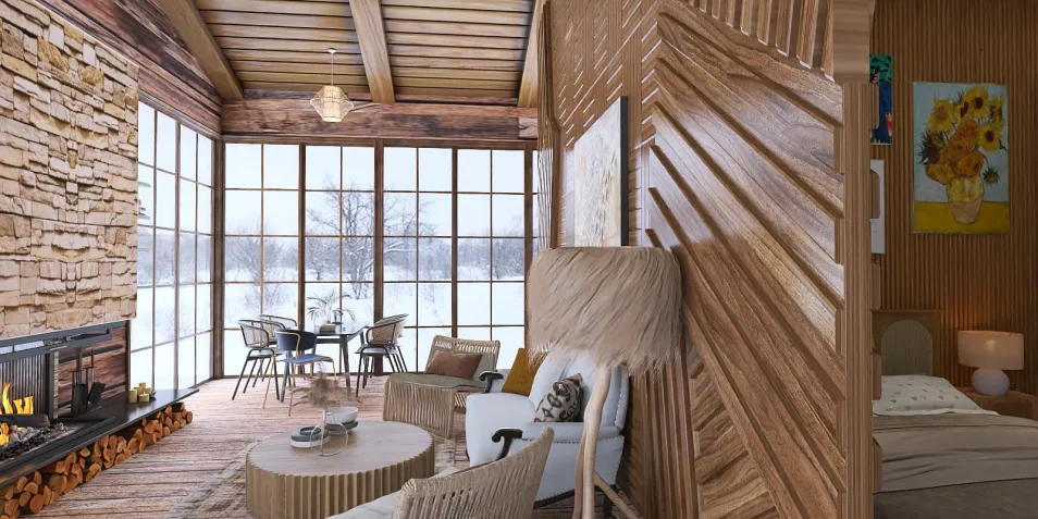 cozy living room with fireplace showcasing natural wood decor creating a warm atmosphere in a winter cabin style, featuring Homestyler's real-time 3D rendering for design proposals