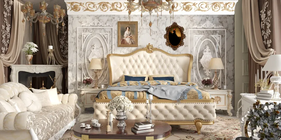 luxurious bedroom featuring a grand upholstered bed with ornate detailing, designed in a classic style; showcasing an elegant interior decor with rich textures and sophisticated furnishings; utilizes Homestyler's real-time 3D rendering feature for a realistic design preview.