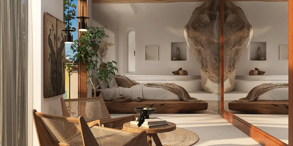 Modern bedroom design featuring a natural stone accent wall, showcasing a cozy bed arrangement with stylish wooden furniture in a minimalist style, optimized for small space living using Homestyler's smart furniture arrangement feature.