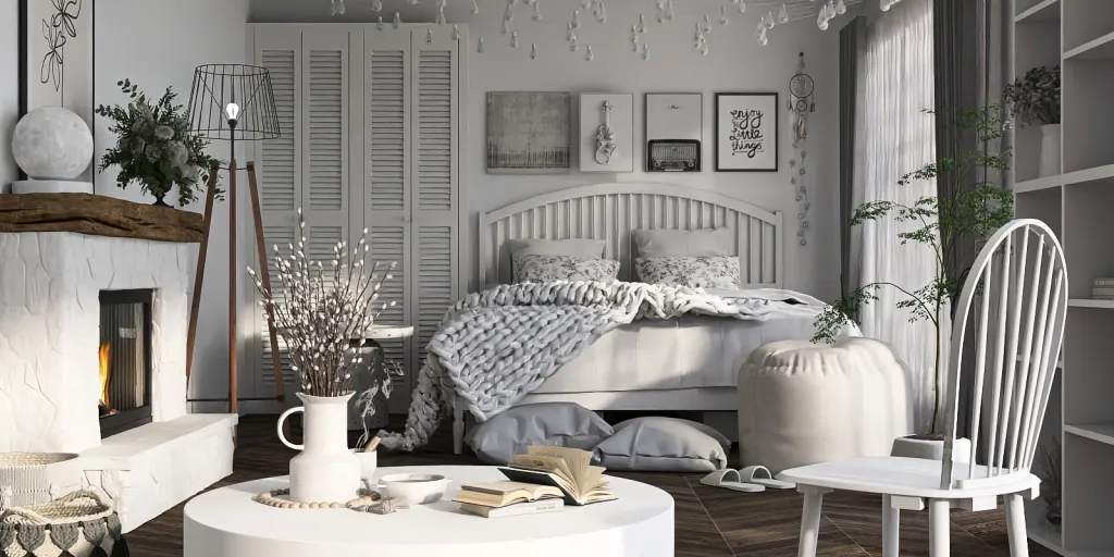 a bed with a white bedspread and a white chair 