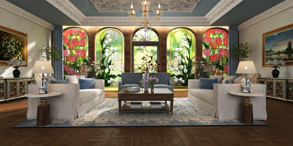 A modern living room featuring elegant sofas and a wooden coffee table, designed with a floral theme; showcasing vibrant stained glass windows and incorporating Homestyler's real-time 3D rendering for visualizing interior decor.