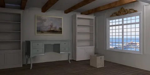 A serene coastal-themed interior featuring a light blue desk, built-in shelving, and large windows showcasing a seaside view; reflecting a minimalist style and space optimization, utilizing Homestyler's real-time 3D rendering feature.