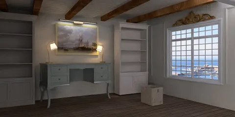 modern desk styling in a coastal-inspired interior with natural light enhancing the space and animation of furniture placement using Homestyler's AR virtual placing feature