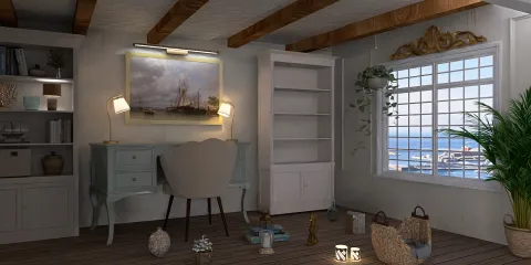 A serene home office featuring a stylish desk and comfortable chair, enhancing productivity in a coastal-themed interior design. Utilizing Homestyler's real-time 3D rendering for a detailed preview of the renovation.