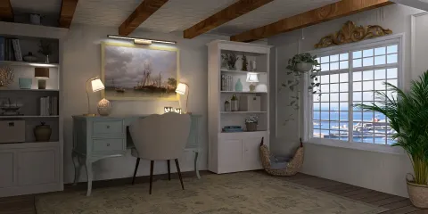 cozy home office with a writing desk and bookshelves designed in a coastal style with natural light from a large window; featuring Homestyler's real-time 3D rendering for interior visualization.