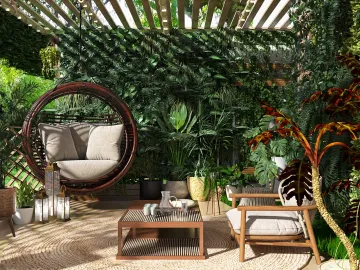 hanging chair surrounded by tropical plants in a cozy outdoor seating area, showcasing interior decor with a focus on natural aesthetics, utilizing Homestyler's real-time 3D rendering feature.