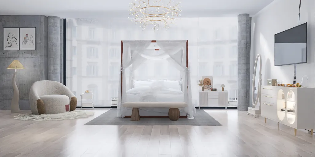 a room with a large bed and a large mirror 
